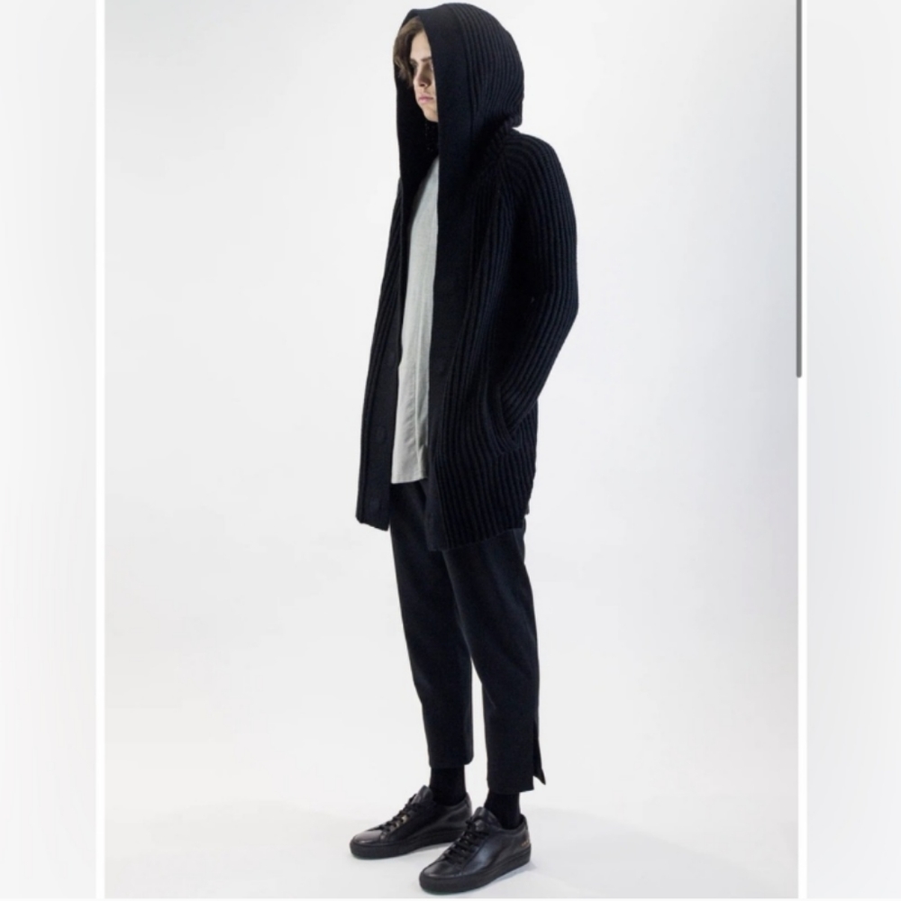 Helmut Lang heavy wool blend hooded  rib knit sweater cardigan